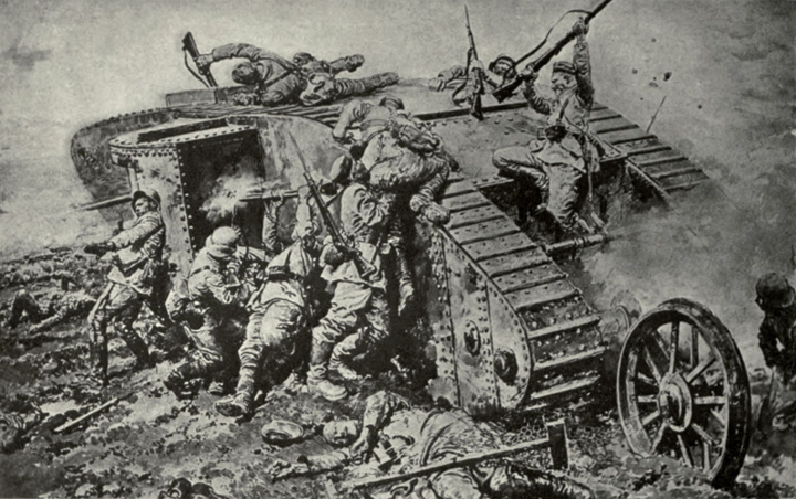 World War 1 Tanks. German soldiers attack on a British Tank. Tanks had blind spots and were vulnerable to grenades. Germans developed special bullets and anti-tank rifles. Drawing ca. 1916-18.  (BSLOC_2013_1_156)